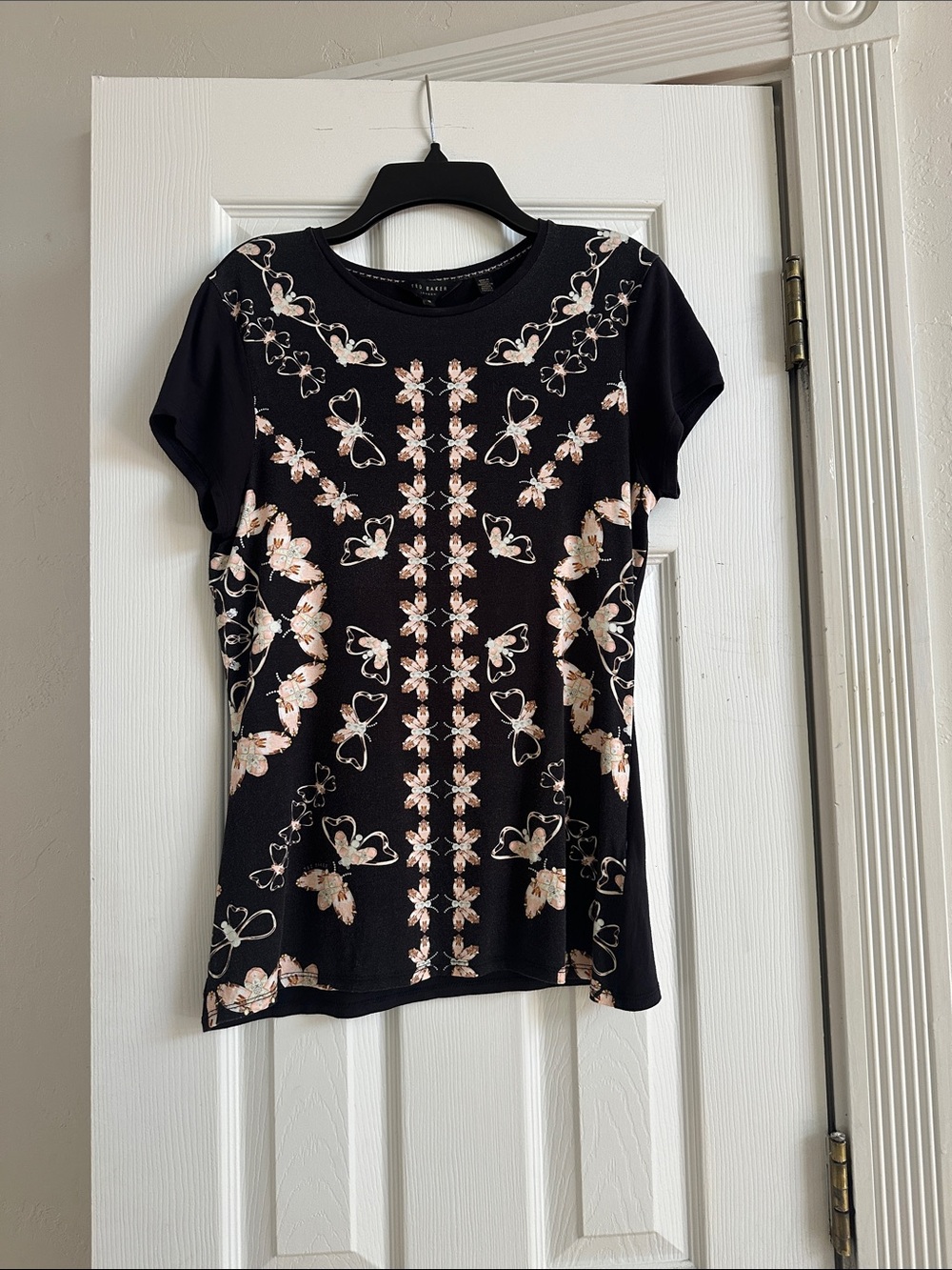 Ted Baker Black Tee with Pale Pink Floral Embroidery